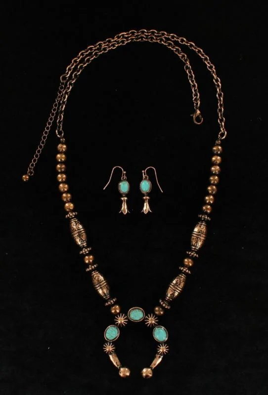 Burnished Embossed Stone Neck/Ear SetCop/Turq